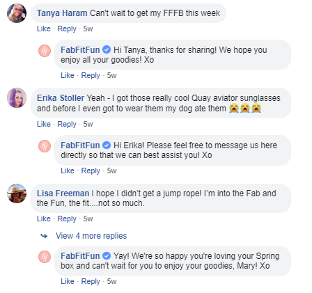 FabFitFun replying to Facebook comments